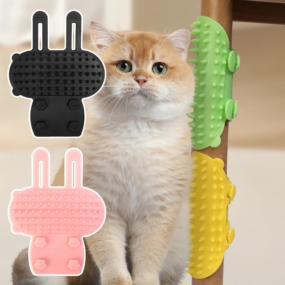 Silicone cat grooming brush wrapped around table leg for scratching and massage