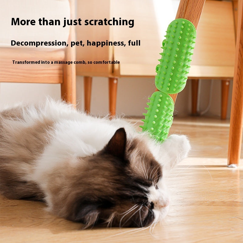 Silicone cat grooming brush wrapped around table leg for scratching and massage