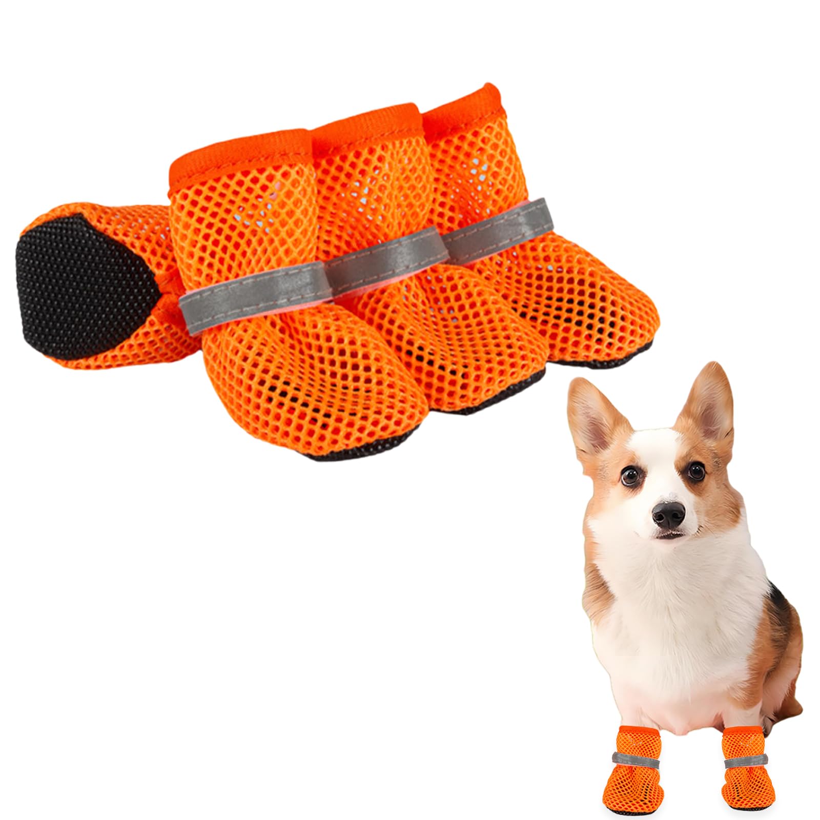 Close-up of the flexible, anti-slip rubber sole and adjustable reflective strap on a small summer puppy bootie.