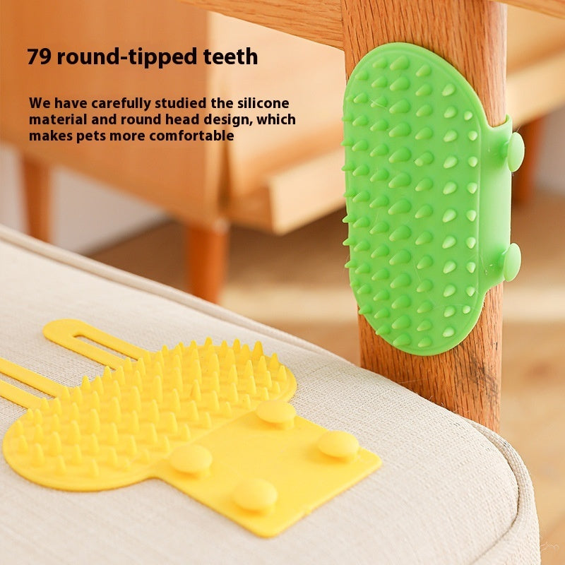 Silicone cat grooming brush wrapped around table leg for scratching and massage
