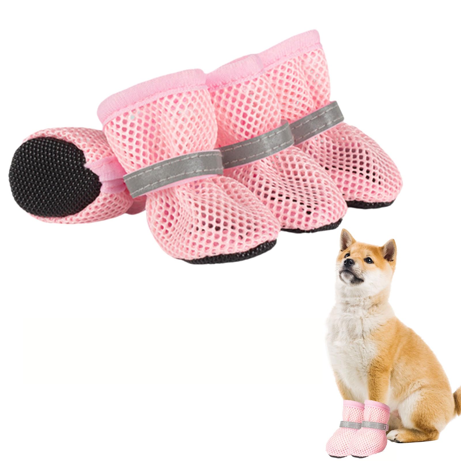 Close-up of the flexible, anti-slip rubber sole and adjustable reflective strap on a small summer puppy bootie.