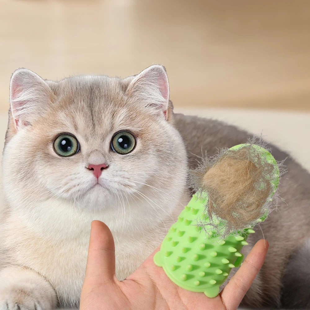 Silicone cat grooming brush wrapped around table leg for scratching and massage