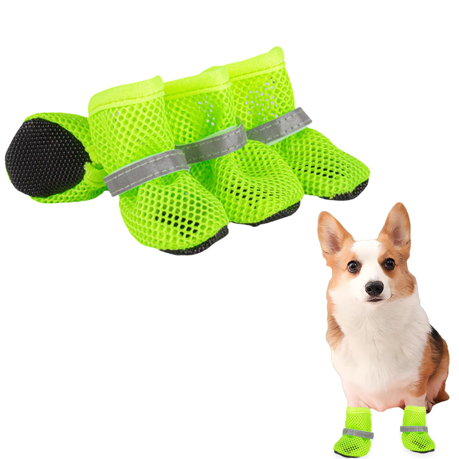 Close-up of the flexible, anti-slip rubber sole and adjustable reflective strap on a small summer puppy bootie.